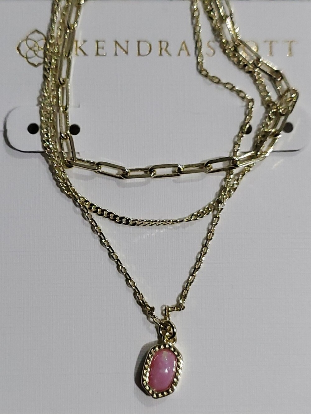 Kendra Scott Gold Layered Necklace with Pink Pendant Multi Mixed Chains Girlie